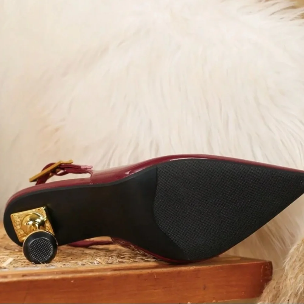 Elegant Burgundy Patent Slingback Heels with Gold Ball Stiletto - Picture 6 of 6